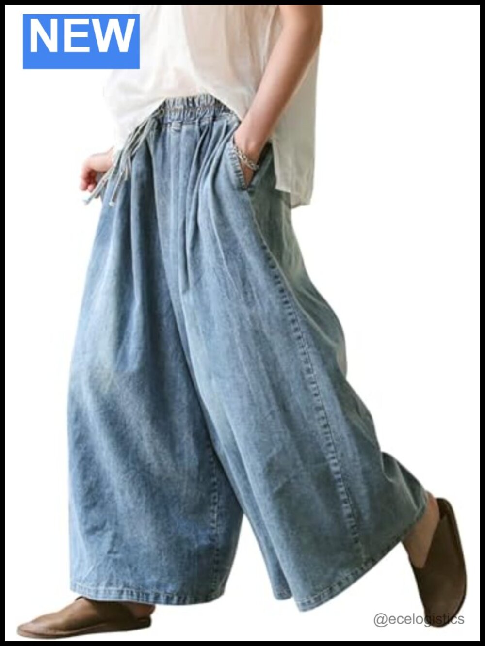 Wide Leg Baggy Jeans Plus Size Elastic Waist Denim Pants Deep Pockets